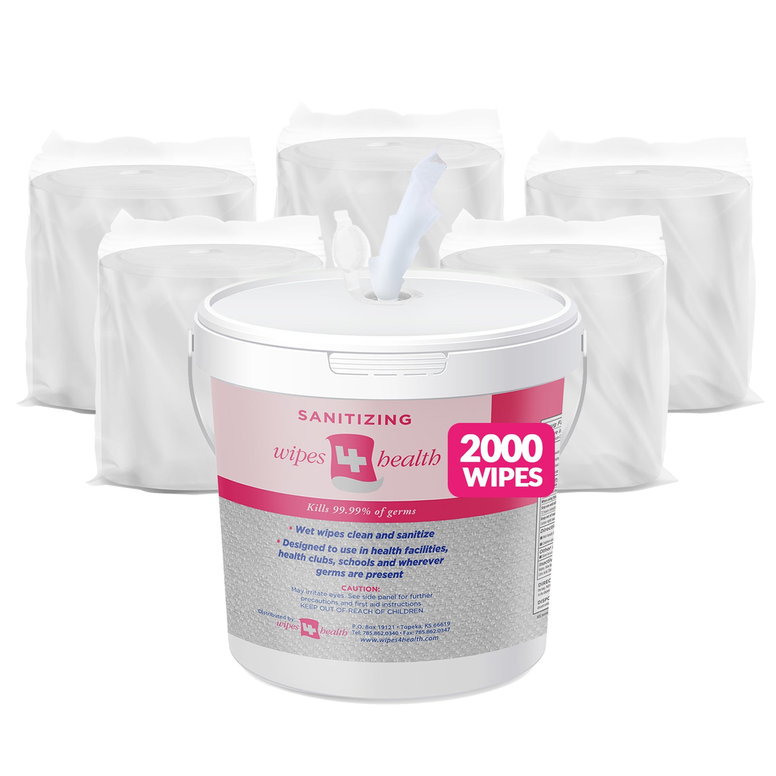 Wipes 4 Health Sanitizing Wipes with Reusable Dispensing Bucket: 2000 Unscented Wipes (8" x 7"): Wipes Bucket + 4 Refill Rolls